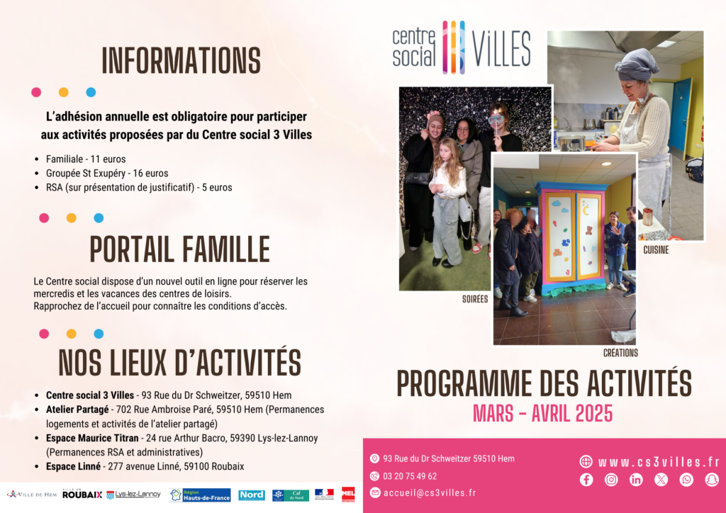 Programme mars-avril 2025 du Centre social 3 Villes