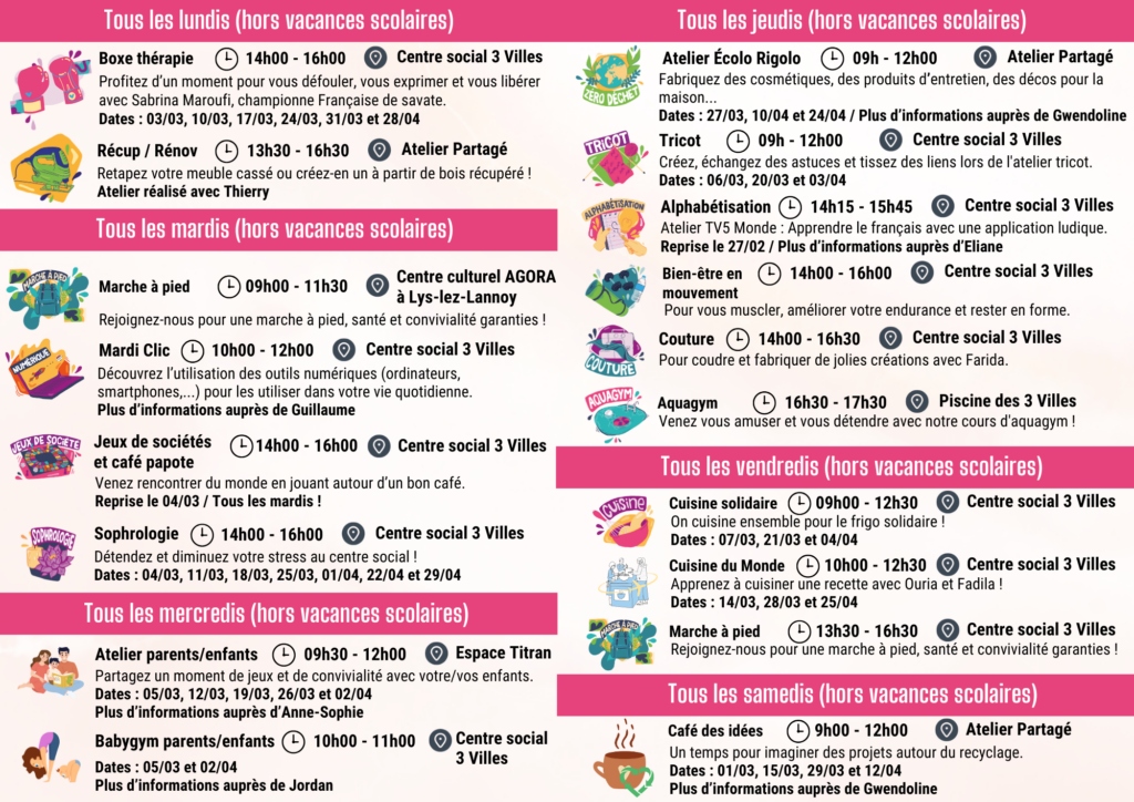 Programme mars-avril 2025 du Centre social 3 Villes