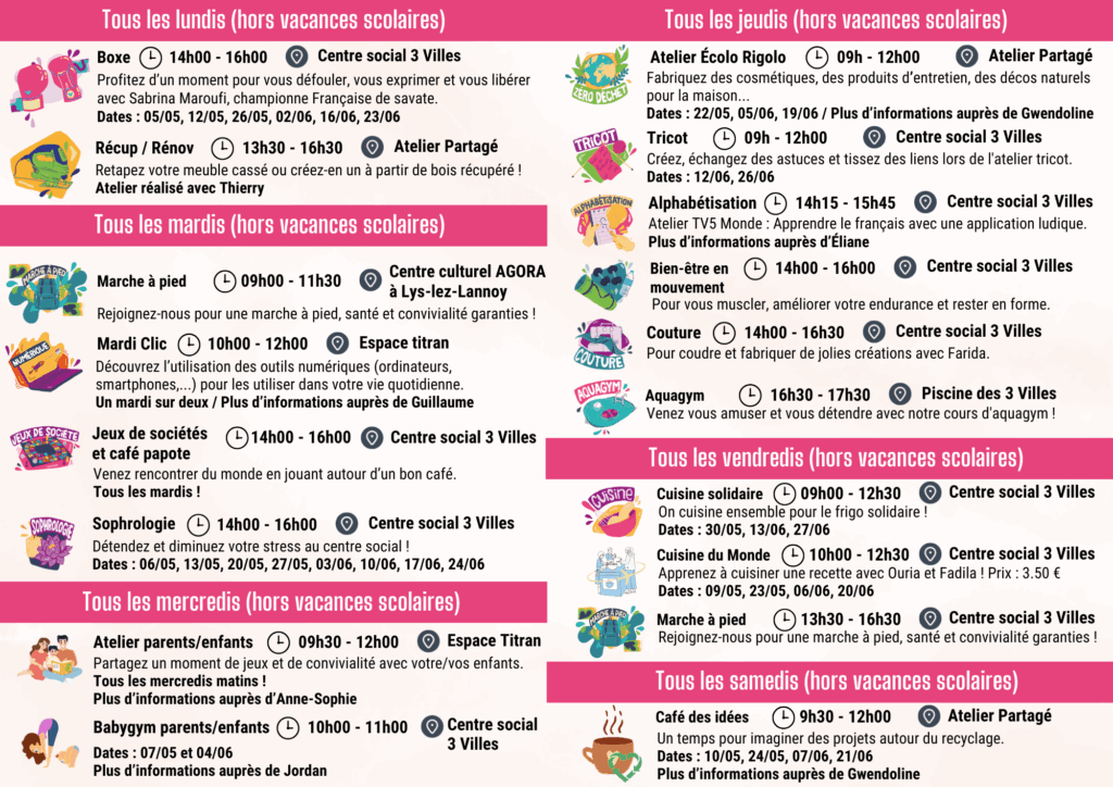 Programme mai-juin 2025 du Centre social 3 Villes