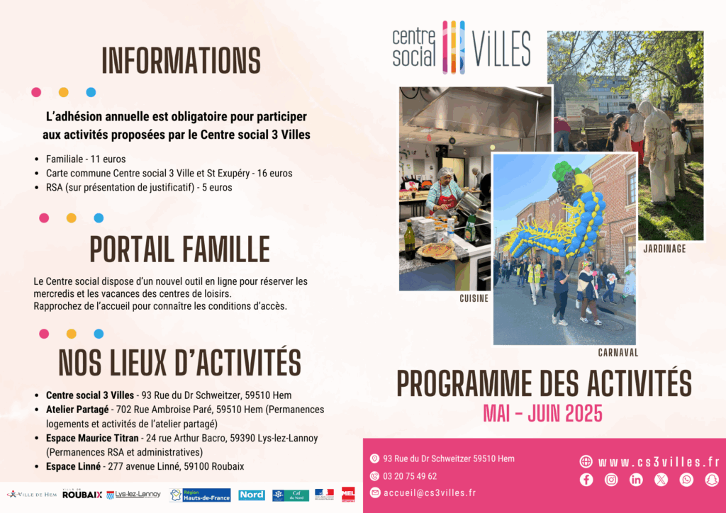 Programme mai-juin 2025 du Centre social 3 Villes